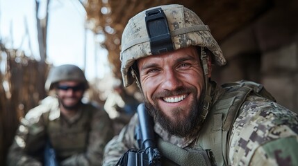 Fototapeta premium A confident, bearded soldier smiling at the camera amidst other soldiers, in a trench, exemplifying camaraderie and focus in a strategic military setting.