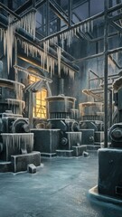 Naklejka premium 4K Wallpaper - Frozen Industrial Interior with Icicles
