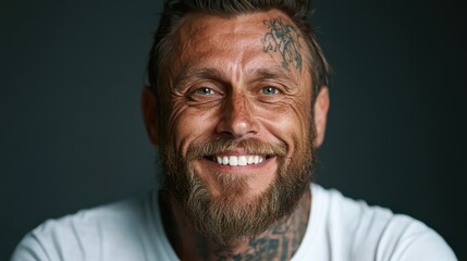 Obraz premium This image shows a cheerful man with a beard and intricate tattoos, smiling enthusiastically, representing warmth and friendliness in a simple setting.