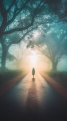 Fototapeta premium A lone woman walks down a misty road between trees.