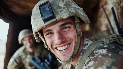 A soldier with a friendly expression wears a helmet while crouching inside a military bunker, exuding positivity and focus during a tense situation with a fellow soldier nearby.
