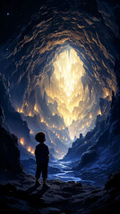 Childs Nighttime Journey Through Glowing Moonlit Cave