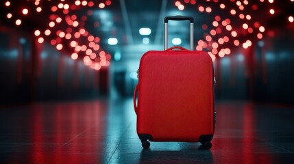 A red luggage piece placed in the middle of a futuristic hallway adorned with bokeh light effects, conveying a sense of futuristic travel and stylish wanderlust.