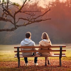 Young couple sitting on bench in park