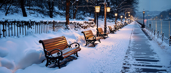 Snowy Winter Pathway, Romantic Canalside Benches, Glowing Streetlights