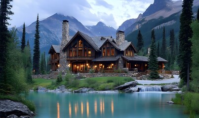 Fototapeta premium Emerald Lake Lodge Set in the Picturesque Rocky Mountain Landscape