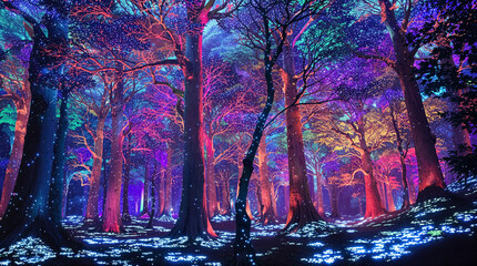 Enchanted Forest Glowing Trees, Magical Lights, Mystical Night