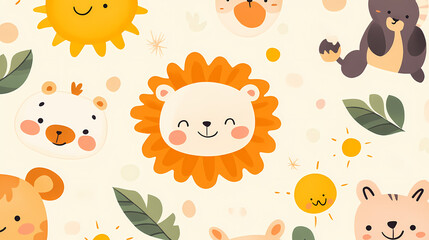 Colorful cartoon pattern featuring cute animals and sunny faces on a light background. Sunlit. Illustration