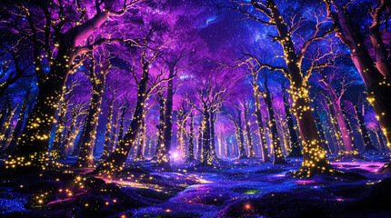 Enchanted Forest Glowing Trees, Magical Lights, Mystical Night