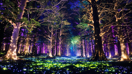 Enchanted Forest Glowing Trees, Magical Lights, Mystical Night