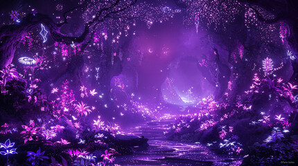 Enchanted Purple Fantasy Forest, Glowing Flowers, Stream, Castle