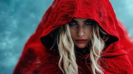 A determined woman with intense eyes peers from the hood of a bright red cloak, standing against a snowy backdrop, embodying resilience and strength in harsh conditions.