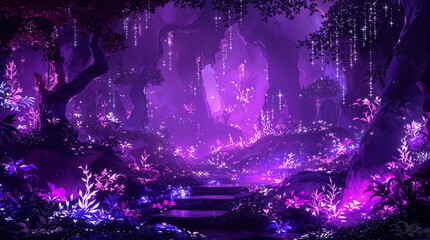 Enchanted Purple Fantasy Forest, Glowing Flowers, Stream, Castle