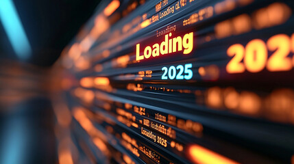 Loading 2025: A futuristic digital interface glows with vibrant orange and cyan, hinting at technological advancements and the anticipation of a new era.