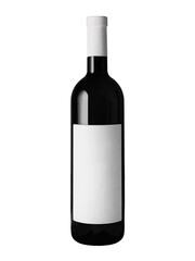Blank white label mock up on black bottle of unlabeled wine. Alcohol bottle mockup presentation ready for logo design. Full drink bottle template with empty sticker. isolated