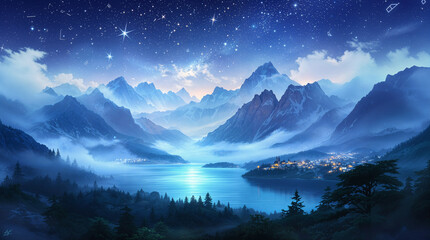 Serene Night Landscape Starry Sky, Majestic Mountains, Tranquil Lake Village
