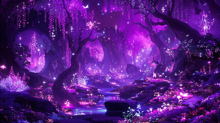 Enchanted Purple Fantasy Forest, Glowing Flowers, Stream, Castle