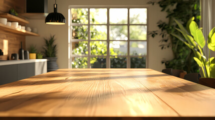 A modern dining area with a wooden table in the foreground, illuminated by sunlight, perfect for interior design or lifestyle themes. Sunlit. Illustration