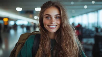 A joyful woman with long hair and a backpack smiles widely at the camera in a busy airport terminal, conveying feelings of adventure and excitement.