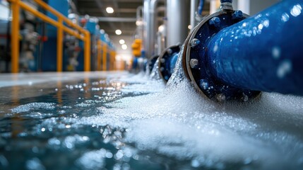 The image illustrates a network of pipelines with water flowing through them in a modern industrial setting, signifying efficient processing and fluid management systems.
