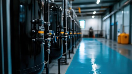 Fototapeta premium Large industrial storage tanks neatly set in a bright and clean hallway of a facility, showcasing modern engineering, streamlined operations, and sterile environments.