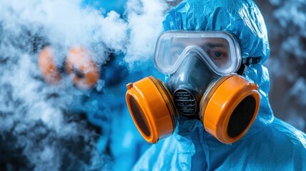 A scientist donned in full protective gear stands amidst a swirling cloud of vapor, emphasizing safety protocols and the critical nature of experimental conditions.