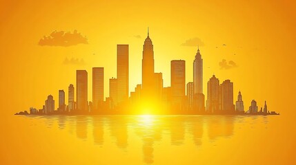 Golden City Skyline Sunrise Reflection Water