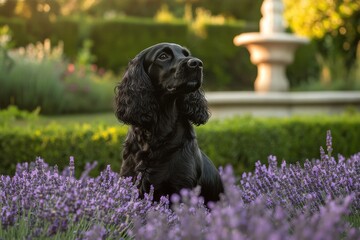 Regal black cocker spaniel in lavender garden scene