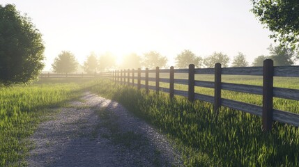 Fototapeta premium Sunrise Over Farm Fence in Soft Light