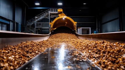 A conveyor belt loaded with processed tobacco leaves in a large industrial facility, showcasing modern processing techniques and equipment for efficient production.
