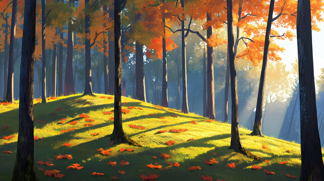 A sunlit forest scene featuring a moss-covered hill with tall trees and colorful foliage, autumn, knoll, trees. Sunlit. Illustration