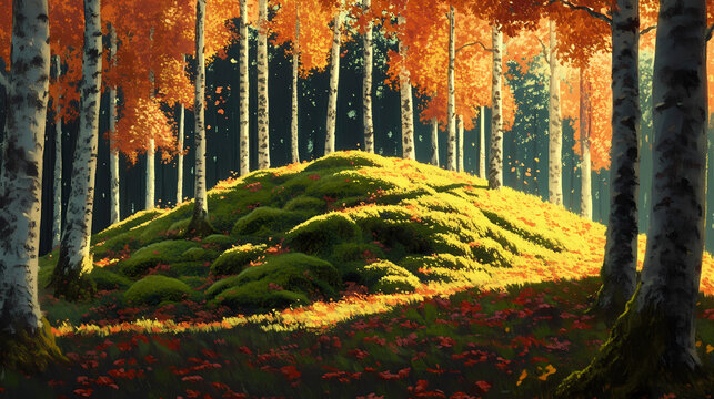A sunlit forest scene featuring a moss-covered hill with tall trees and colorful foliage, autumn, knoll, trees. Sunlit. Illustration