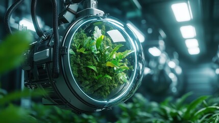 A highly polished spherical glass container holds thriving plants in a futuristic lab environment, symbolizing harmony between nature and cutting-edge technology.