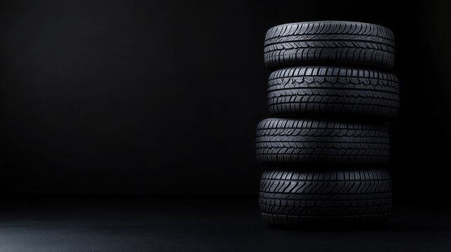 Four tires are neatly stacked on a minimalist, dark background, highlighting their robustness and simplicity in a modern and organized automotive presentation.