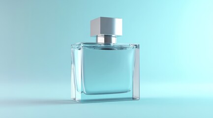 Clear glass perfume bottle with silver cap on light blue background.
