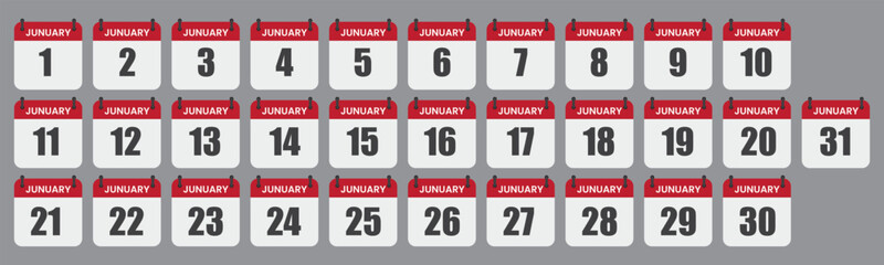 January Calendar grid, red and white design, numbered days, month layout, tabular format, date organization, time management tool, schedule planning, minimal color scheme, bold typography
