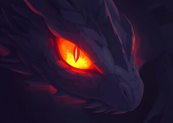 Close-up of a dragon's fiery eye in the dark.