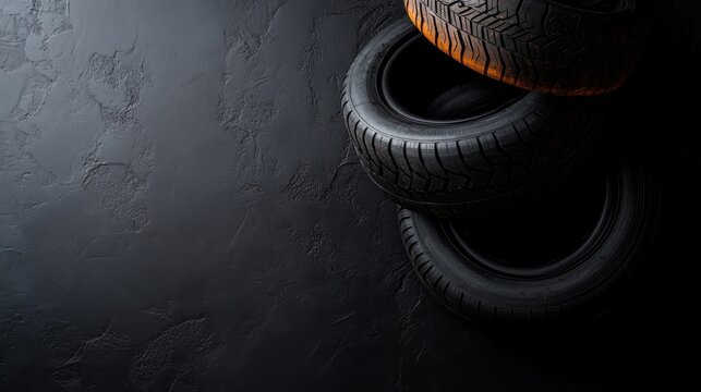 This image features a set of car tires meticulously stacked against a dark, textured background. It's perfect for conveying themes of automotive maintenance or tire-related services.