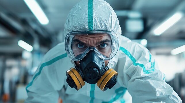A close-up image of a man wearing a white hazardous material suit and a black gas mask in a sterile environment, displaying courage and vigilance.