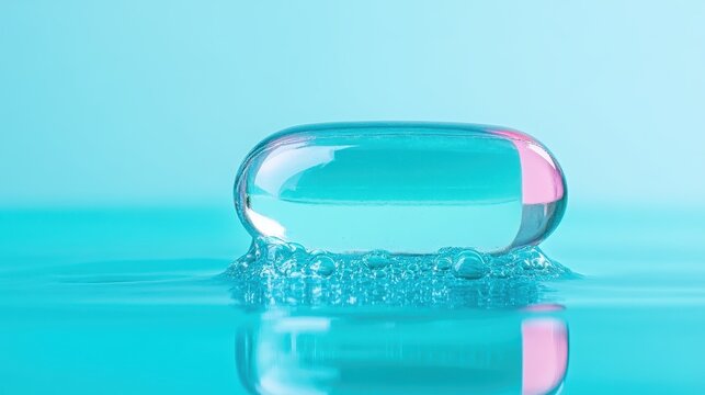 A clear soap bubble floats elegantly on a tranquil turquoise water surface, displaying a soft reflection. The image exudes serenity and a calming ambience.