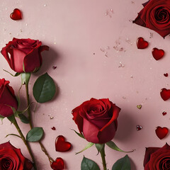Elegant Pink Valentine's Day Design with Red Roses and Sparkling Hearts