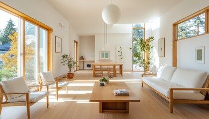 Fototapeta premium Modern Minimalist Living Room Design Sunlight Wooden Furniture Cozy Home Interior