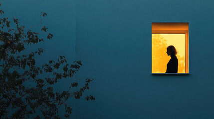 Obraz premium Silhouette of woman in orange-glowing window against blue wall at dusk