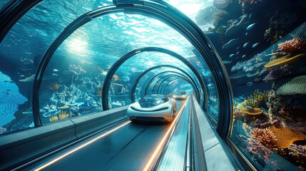 Fototapeta premium Futuristic underwater glass tunnel in ocean with autonomous cars and vibrant coral reef surroundings, concept of sea, future.