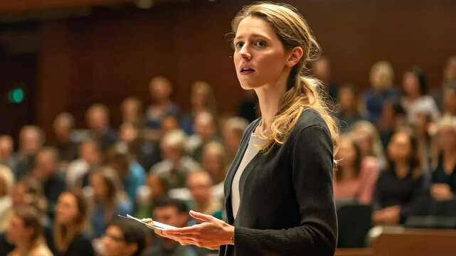 A woman stands in front of a crowd, holding a microphone and giving a speech