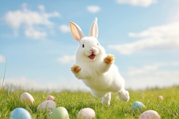 In a sunny meadow with wildflowers, a fluffy rabbit hops among colorful Easter eggs, symbolizing hope and joy. Families gather to create lasting memories and enhance the holiday spirit