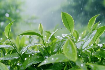 Obraz premium Close-up of fresh green leaves with raindrops in a natural setting.
