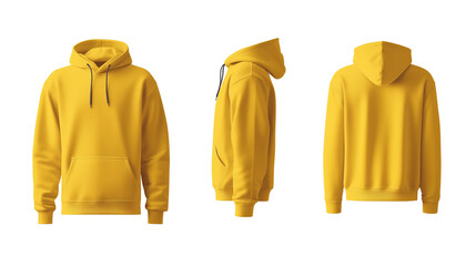 Yellow hoodie on white or transparent background in front, side and back views