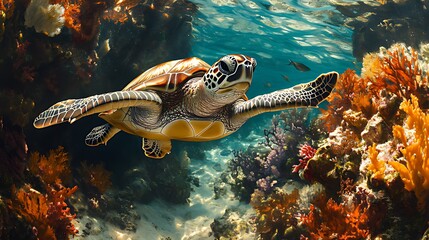 Fototapeta premium Sea turtle gracefully swimming amidst vibrant coral reef.