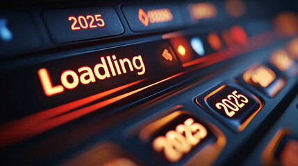 2025 is Loading... A futuristic interface glows with anticipation.  Metallic red and black buttons illuminate the digital dawn of a new year.